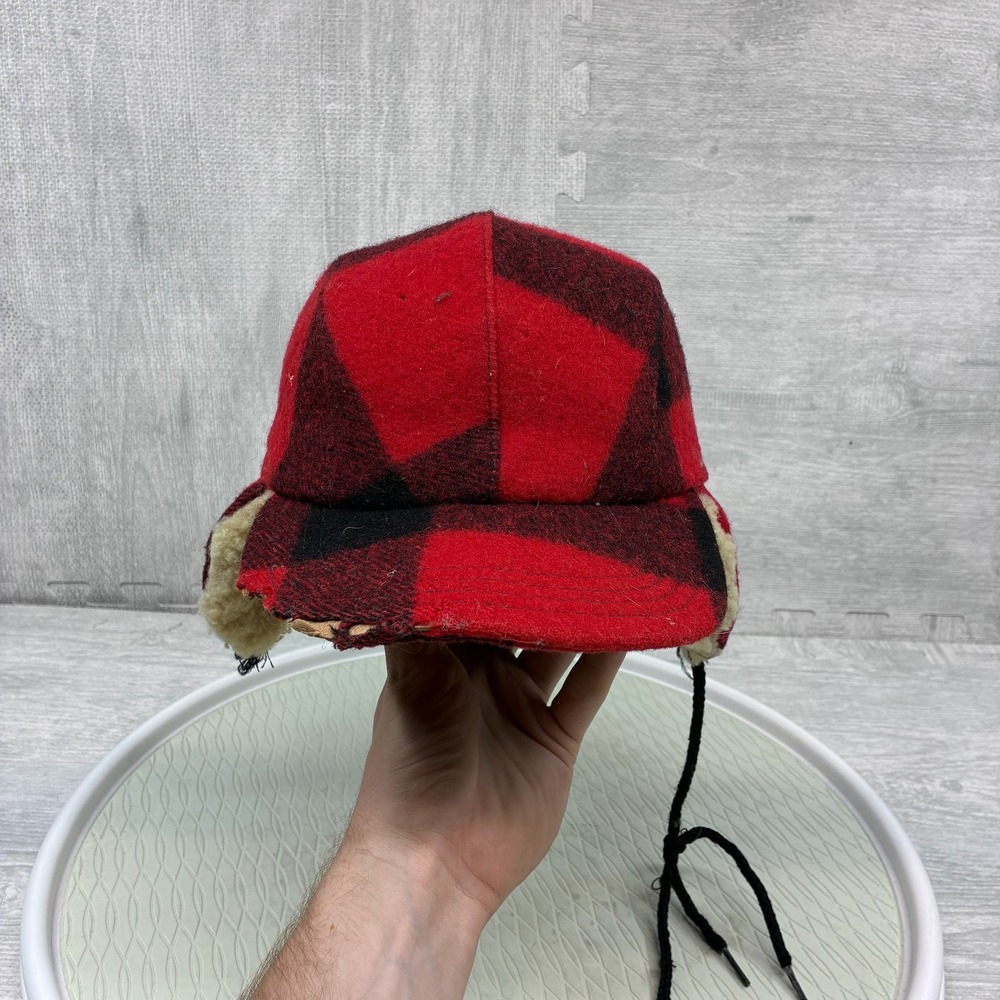 Vintage Filson Trapper Hat Red Buffalo Plaid Wool Ear Flaps FLAWED